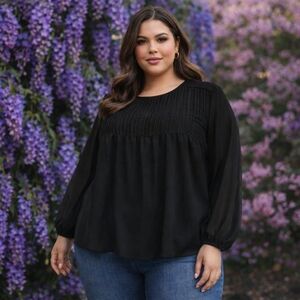 NWT Addition Elle Plus Size Black Pintuck Blouse | Sheer Sleeve Flowy Top 1X